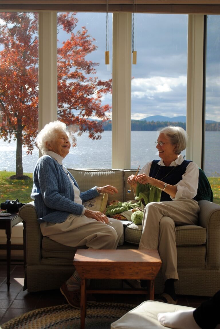 Two older women talking in a bright living room